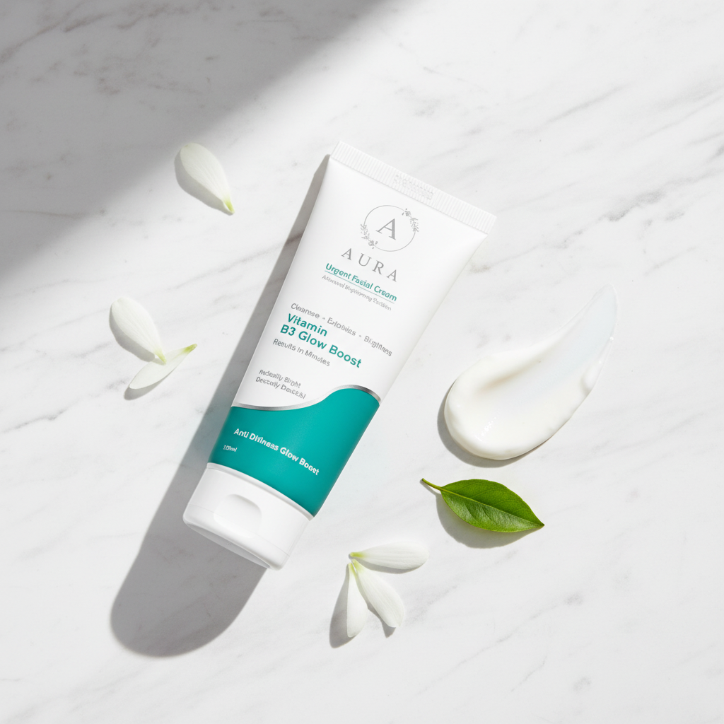 Aura Urgent Facial Cream white background premium editorial